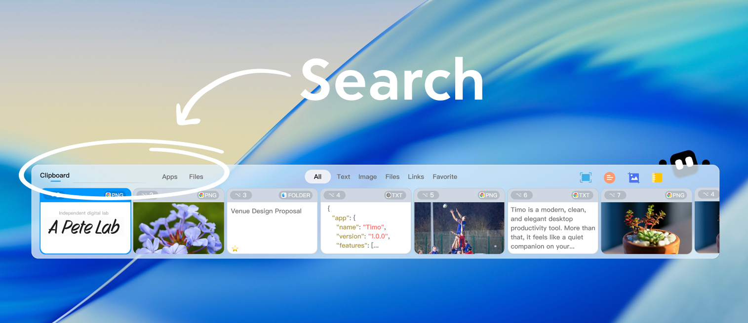 Timo Mac files search tool — instant file search, OCR text recognition in images, and searchable clipboard history in one free app